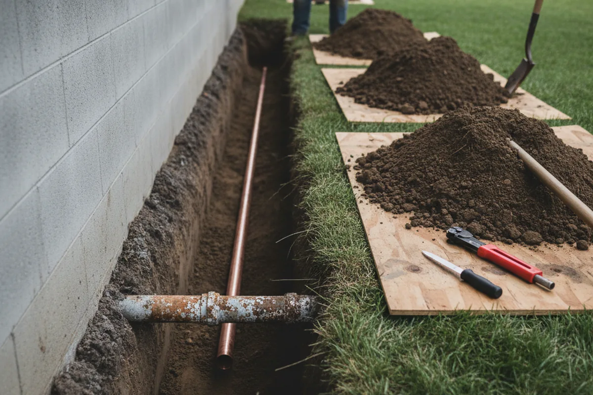 Excavated water line trench during Water Softener Installation in White Mills